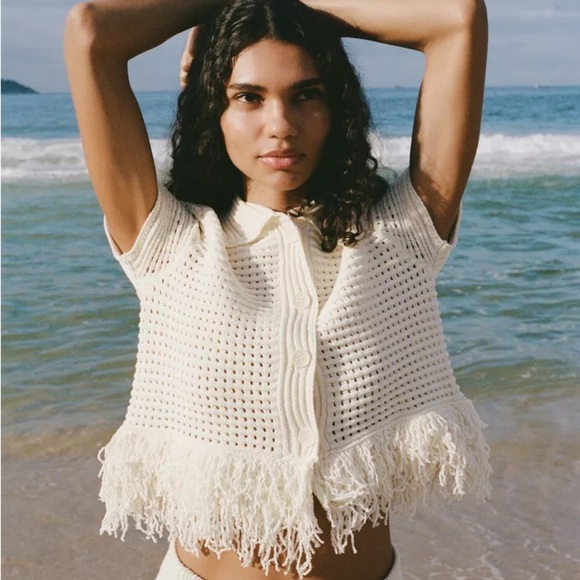 ZARA CHECKERED KNIT JACKET WITH FRINGE - Picture 5 of 13